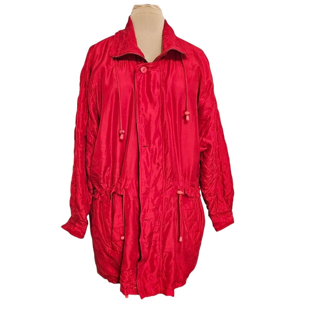 Spenser Jeremy Jacket Red 100% Silk Zip Snap Drawstring Cinch Waist Large Pocket